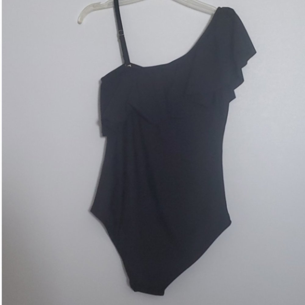 NWT Coastal Blue Ruffle One Shoulder Black One Piece Swimsuit Medium - Picture 6 of 8